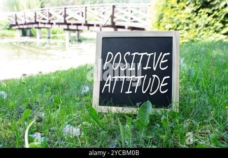 Simbolo di atteggiamento positivo. Concetto di atteggiamento positivo su sfondo nero di gesso. Bellissimo prato con ponte. Affari e affari Foto Stock
