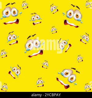 Sfondo senza interruzioni con diverse espressioni facciali. Volti di cartoni animati ed emoji con diverse espressioni facciali motivo senza cuciture. Sfondo vettoriale Illustrazione Vettoriale