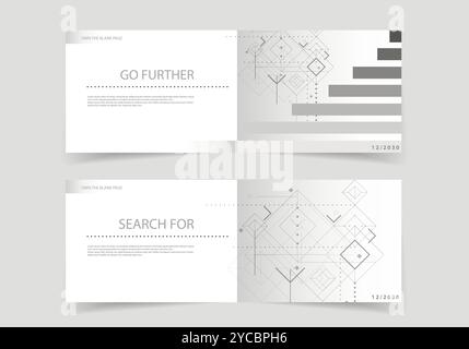 Sfondo bianco con linee, puntini, quadrati e cerchi che si fondono con un motivo elegante. Per i vostri progetti tecnologici. Illustrazione Vettoriale