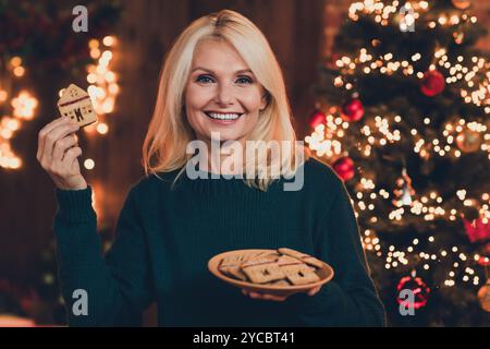 Foto di una bella donna anziana che mangia biscotti indossa abiti natalizi goditi l'accogliente decorazione per feste all'interno di un appartamento interno Foto Stock