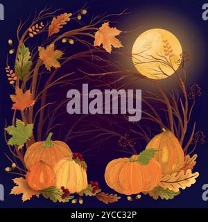 Carta di Halloween con zucche in una foresta magica con foglie autunnali e luna piena. Crea un invito per un evento di Halloween Illustrazione Vettoriale
