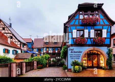 Via e case di Eguisheim. Eguisheim è un comune della Francia nord-orientale situato nel dipartimento dell'Haut-Rhin. Si trova nel registro storico Foto Stock