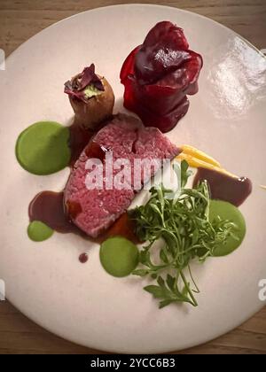 Elegante piatto raffinato con bistecca di media rara guarnita con rucola, purea di barbabietole, salsa alle erbe verdi e croquette creativa di verdure su un min Foto Stock