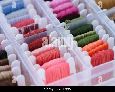 Scatola di selezione in plastica piena di bobine con filettature ricamate di diversi colori. Primo piano Foto Stock