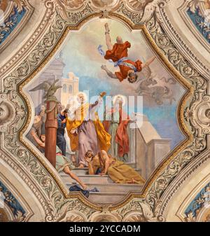 ALESSANDRIA, ITALIA - 9 SETTEMBRE 2024: L'affresco Mision di San Paolo e Barnaba sul soffitto della Cattedrale di Luigi Morgari del 20. centesimi. Foto Stock