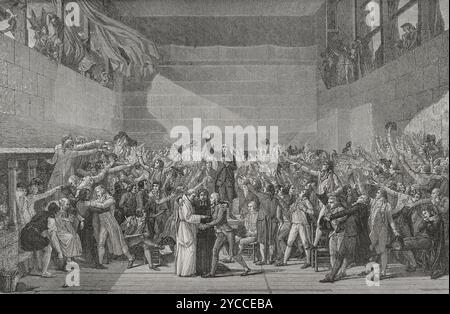 Rivoluzione francese. Giuramento sul campo da tennis (20 giugno 1789). Solenne promessa di unione con l'obiettivo di porre fine all'Ancien Régime. Si è giocato in un campo da tennis (Jeu de Paume) a Versailles da 578 deputati francesi. Riuniti lì come parte degli Stati generali del 1789, erano membri in gran parte della terza tenuta, con alcuni rappresentanti del clero e della nobiltà. Incisione. "Storia della Rivoluzione francese". Volume i, 1876. Foto Stock