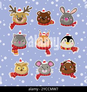 Etichette di adesivi natalizi con carini personaggi animati. Gatto, orso, topo, pinguino, coniglietto, fox. Buon Natale e felice anno nuovo. Vect Illustrazione Vettoriale