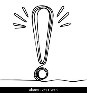 Icona con punto esclamativo a linea continua singola ART. Design del simbolo della silhouette del concetto di pericolo di avvertimento online. Uno schizzo delinea il disegno vettoriale illustrati Illustrazione Vettoriale
