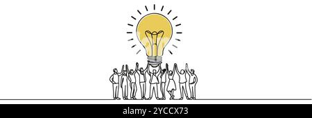 Disegno continuo su una linea di uomini d'affari che tengono in mano una grande lampadina con trofeo come filamento, mentalità vincente nel concetto di team aziendale, linea singola Illustrazione Vettoriale