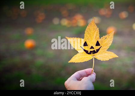 Mano che tiene una foglia gialla di liquidambar con il disegno di una faccia di zucca di halloween in una toppa di zucca. Sfondo autunnale con spazio di copia. Foto Stock