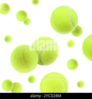 Molte palline da tennis luminose in aria su sfondo bianco Foto Stock