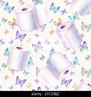 Carta igienica astratta ad acquerello e sfondo a farfalla. Schema di rotoli e farfalle trafilate a mano. Texture colorata ad acquerello. Stampa per tessuti, Foto Stock