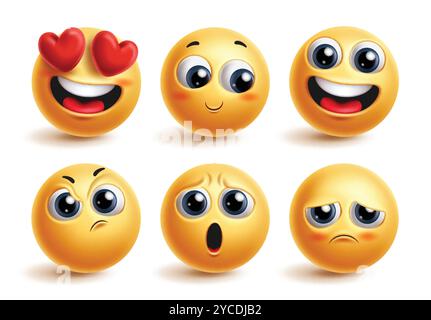 Emoticon emoticon carini personaggi vettoriali. Le emoticon sono espressione del viso in amore, arrossisce, felice, confuso, deluso e ansioso per il 3d. Illustrazione Vettoriale