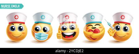 Set di vettori di caratteri emoji infermiere. Emoticon personaggi 3d professionali come infermiere, medico e medico collezione di icone gialle. Vettore Illustrazione Vettoriale