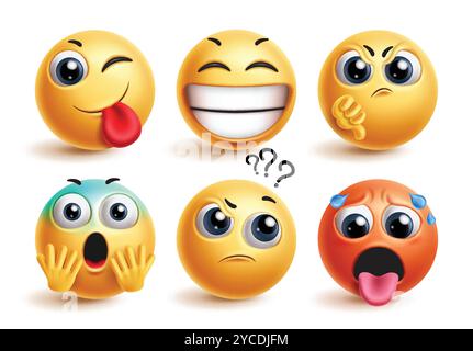 Vettore del set di emoticon delle emoji. Emoticon personaggi emoji in felice, divertente, arrabbiato, deluso, scioccato e chiedendo espressione facciale su sfondo bianco. Illustrazione Vettoriale