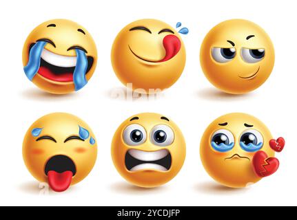 Vettore del set di emoji per i caratteri emoticon. Emoticon giallo personaggio rotondo in felice, piange, soddisfatto, ispirato, sudorante e con il cuore spezzato Illustrazione Vettoriale