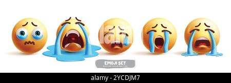 Set di vettori di emoticon che piangono le emoticon. Emoji emoticon 3d collezione di personaggi in triste, deluso, lacrime gli occhi, felice e frustrato del viso Illustrazione Vettoriale