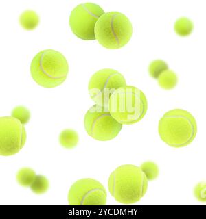 Molte palline da tennis luminose in aria su sfondo bianco Foto Stock