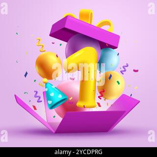 Design vettoriale della bollatura di compleanno. Buon 1° compleanno con palloncini e coriandoli in scatola a sorpresa. Concetto di elementi di parte dell'illustrazione vettoriale. Illustrazione Vettoriale