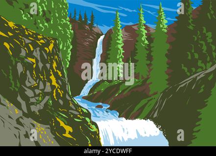 Poster art WPA delle Rainbow Falls sul Rainbow Creek situato all'interno dell'area ricreativa nazionale del lago Chelan nel North Cascades National Park, stato del lavaggio Illustrazione Vettoriale