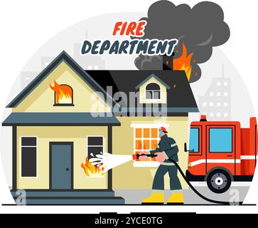 Illustrazione vettoriale dei Vigili del fuoco con i vigili del fuoco che estinguono gli incendi domestici e salvano persone in varie situazioni con uno sfondo piatto Illustrazione Vettoriale