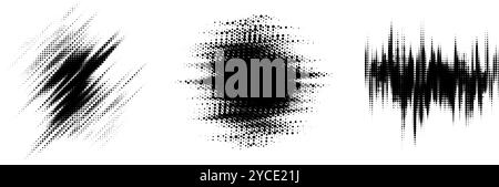 Set elementi linea mezzitoni glitch. Collezione di forme geometriche a trama tratteggiata. Forme di pop art fumettistica grunge frastagliate per banner, poster, collage, sovrapposizione, etichetta, scatola, blot. Fascio vettoriale in difficoltà Illustrazione Vettoriale