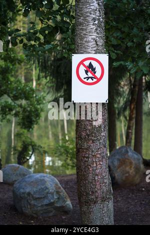 Nessun cartello da falò su un albero vicino a un lago Foto Stock