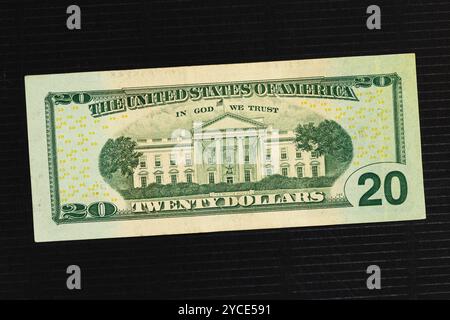 Primo piano di una legge da venti dollari (sul retro) con la Casa Bianca Foto Stock