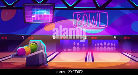 Design degli interni del club di bowling. Illustrazione vettoriale del centro sportivo con palle sullo scaffale, spille sui vicoli, schermo a punteggio sul soffitto, decorazioni con illuminazione al neon sulla parete, svago attivo, divertimento nel fine settimana Illustrazione Vettoriale