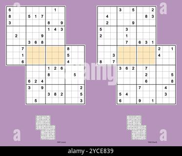 Sensei Sudoku. Due puzzle sudoku sovrapposti. Simmetria rotazionale. Facile e duro. 40, 38 indizi. MK II. Set vettoriale. Illustrazione Vettoriale