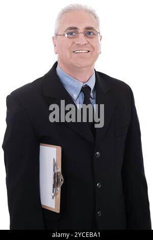 Coppia business man tenendo un clipboard isolato su sfondo bianco Foto Stock