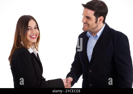 Business man accogliente una donna da agitare le mani su sfondo bianco Foto Stock