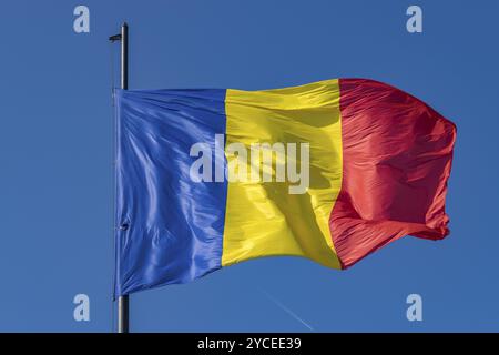 Bandiera rumena sventolando in una giornata estiva di sole ad Alba Iulia, Romania, Europa Foto Stock