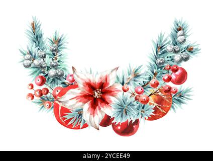 Corona di Natale fatta di rami di abete blu e decorazioni di alberi dell'anno nordovest. Illustrazione con disegno a mano in acquerello, isolata su sfondo bianco Foto Stock