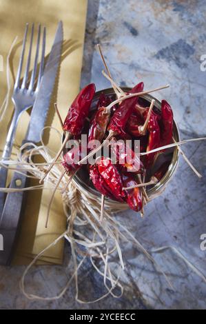 Presentazione dell'ingrediente principe della cucina, peperoncino secco Foto Stock