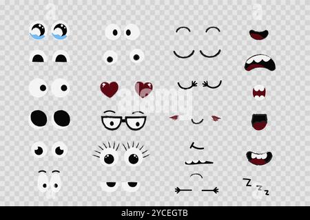 Emozioni facciali, espressioni comiche, simpatici occhi pazzi collezione isolati. Doodle è un'emozione comica di elementi di design. Faccia comica emotiva con occhi, bocca, lingua e denti. Illustrazione vettoriale Illustrazione Vettoriale