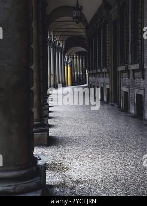 Portico, pedonale riparato, a Bologna con i suoi quasi 40 chilometri di portici. Bologna è una città unica al mondo Foto Stock