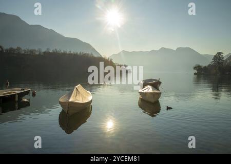 Lago di Como - luogo maestoso nel Nord Italia. Il suo territorio verde e le barche dei pescatori Foto Stock