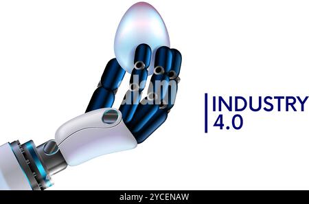 La mano del robot tiene un uovo in primo piano. La mano di un robot antropomorfo con intelligenza artificiale o intelligenza artificiale tiene con cura l'uovo con le dita. INTELLIGENZA ARTIFICIALE robotica Illustrazione Vettoriale