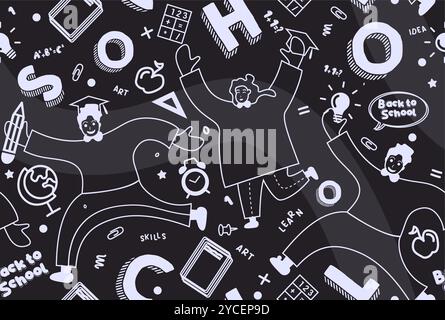 Ritorno a scuola senza interruzioni. Testo di ritorno a scuola con il carattere degli studenti e gli strumenti didattici sono elementi che caratterizzano il design dei motivi senza cuciture della silhouette. Illustrazione Vettoriale