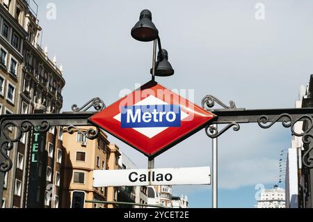 Madrid, Spagna, 18 settembre 2016: Cartello della metropolitana di Madrid all'ingresso della stazione di Callao in Gran via a Madrid. Vista ad angolo basso, compos. Orizzontale Foto Stock