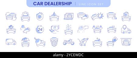 Icone dei tratti modificabili per la concessionaria di vendita automatica. Concessionaria di auto di linea sottile, industria automobilistica, centro commerciale di veicoli, negozio di motociclette. Simboli lineari di servizi di noleggio, officine di riparazione e assicurazione per il trasporto Illustrazione Vettoriale