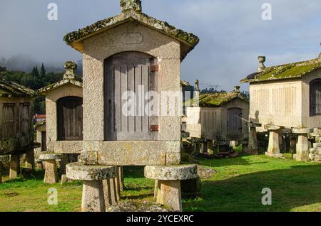 Lindoso Granaries o Espigueiros de Lindoso in Portogallo. Parco nazionale di Peneda Geres. Comune di Ponte da barca Foto Stock