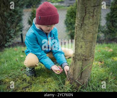 Ragazzo in cerca di dolci a Pasqua Foto Stock