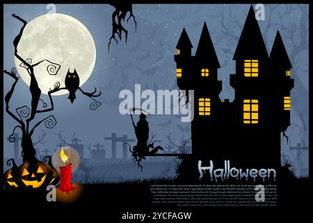 Illustrazione di dark Scary Halloween Night con Haunted House e la candela che brucia Foto Stock