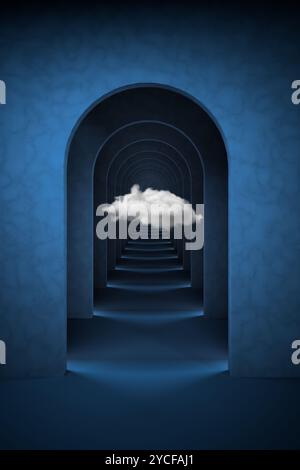 Rendering 3d astratto e surreale con nuvola bianca. Corridoio ad arco sfondo blu scuro. Foto Stock