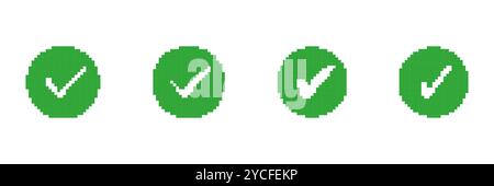 Set icone di segno di spunta verde pixellate. Simboli di approvazione o di successo in Pixel Art Style Collection. Illustrazione del vettore isolato Illustrazione Vettoriale