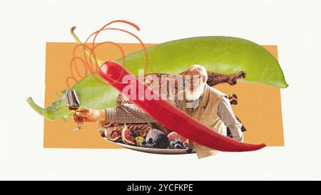 Uomo anziano che solleva un bicchiere di vino alla celebrazione del Ringraziamento con tacchino e verdure colorate. Collage d'arte contemporanea. Foto Stock