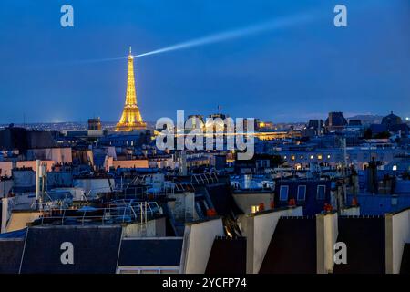 Le luci e il faro della Torre Eiffel e i tetti di Parigi illuminati di notte Foto Stock