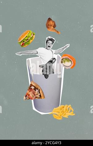 Collage fotografico verticale di Happy man corriere fast food ordinare pasto pizza hamburger sushi patatine fritte carne calorie dieta isolata su sfondo dipinto Foto Stock